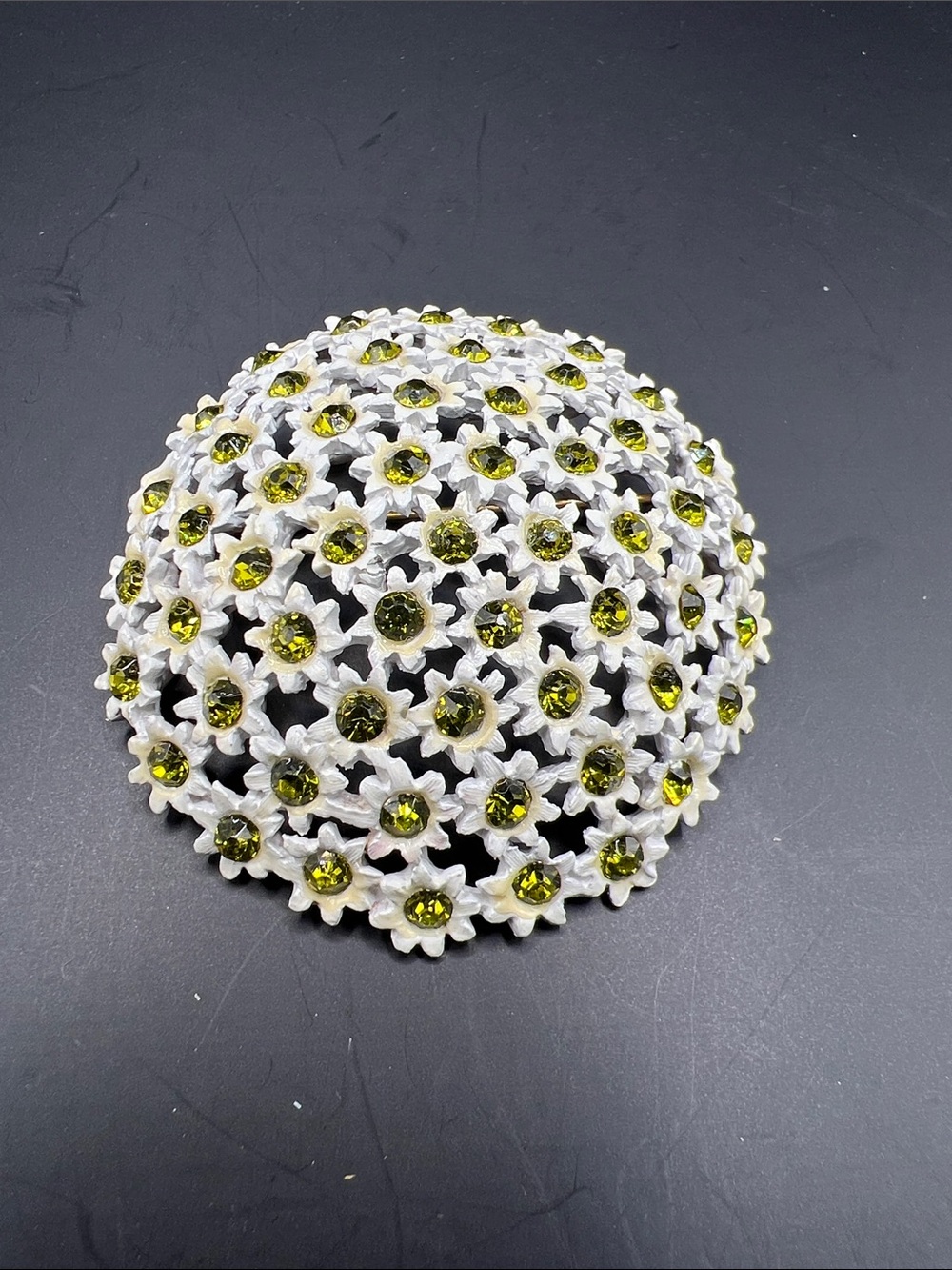 White Floral Dome Brooch with Olive Green Crystal Accents